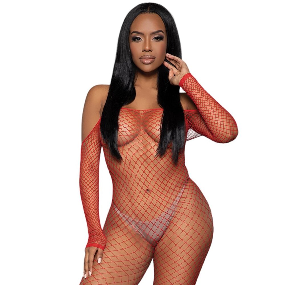 Off the Shoulder Long Sleeve Fishnet Bodystocking - Red